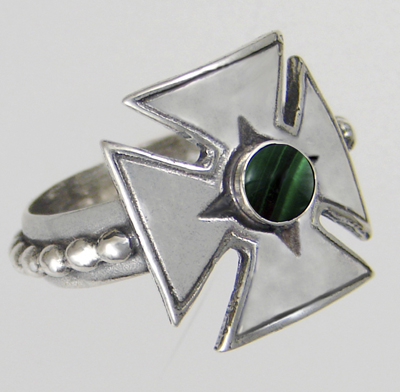 Sterling Silver Woman's Iron Cross Ring With Malachite Size 5